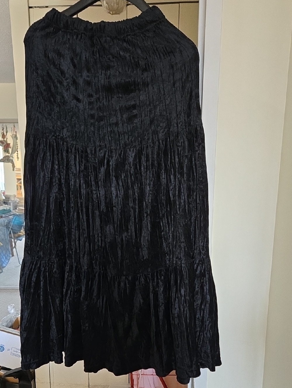 Women's Black Maxi Skirt - Elegant Tiered Velvet